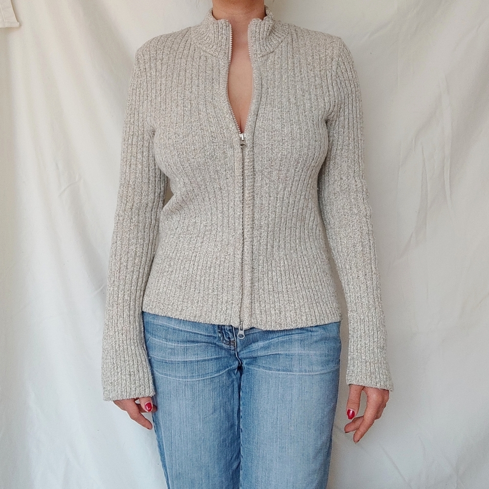 Off White Grey Cream Zip Up Sweater With Double Sided Zipper